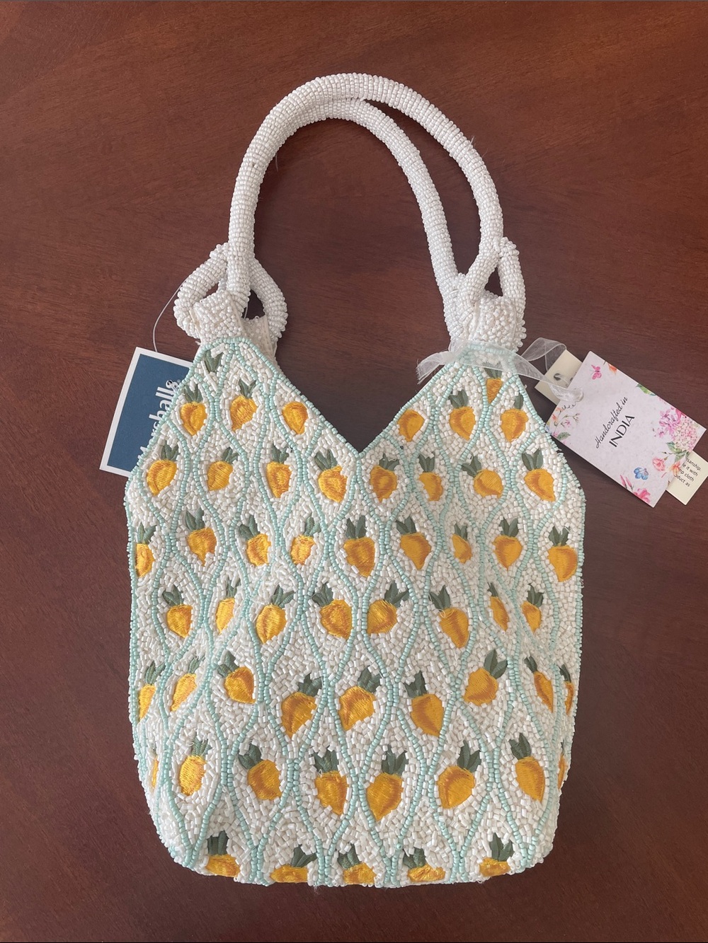 Beaded White, Yellow, and Green Lemon Handbag Purse Made in India